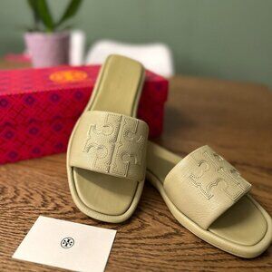 NWT! NEW! Tory Burch Double T Sport Slide -Olive Women Tumbled Leather US 8
